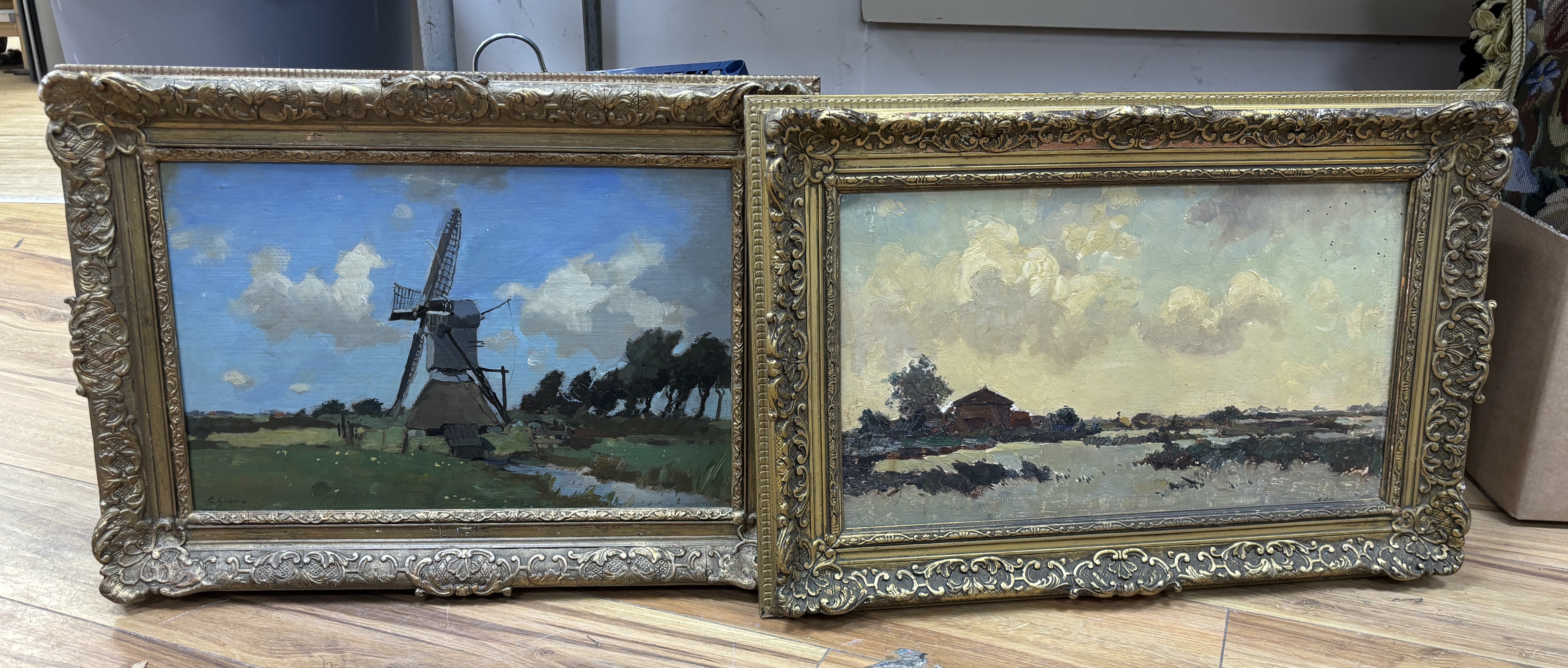 Egnatius Ydema (Dutch, 1876-1937), two impressionist oils on board, Windmill and Wetlands, each signed, inscribed in ink verso, largest 39 x 22cm